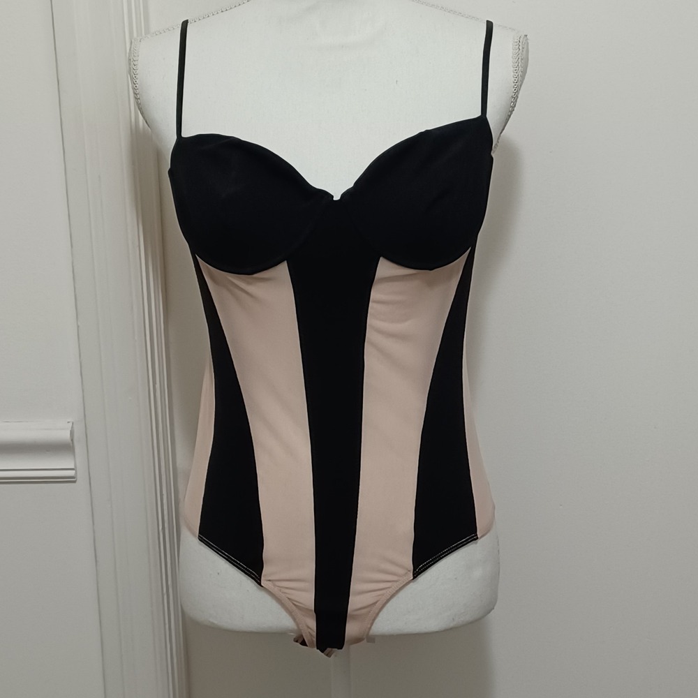 Zara Womens Black Sheer Nude Bra Bodysuit Sz Large Adjustable Strap